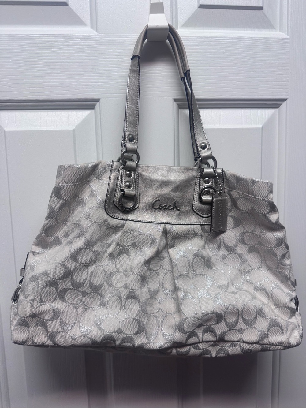 Coach Silver Signature Ashley Metallic Tote Bag. Silver/ gray purse handbag